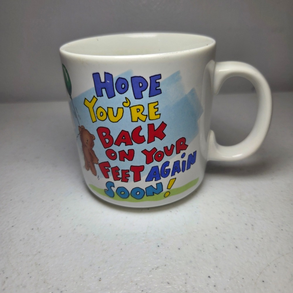 Vintage Russ Berrie Get Well Soon‎ Coffee Mug Teddy Bear Balloon White Ceramic